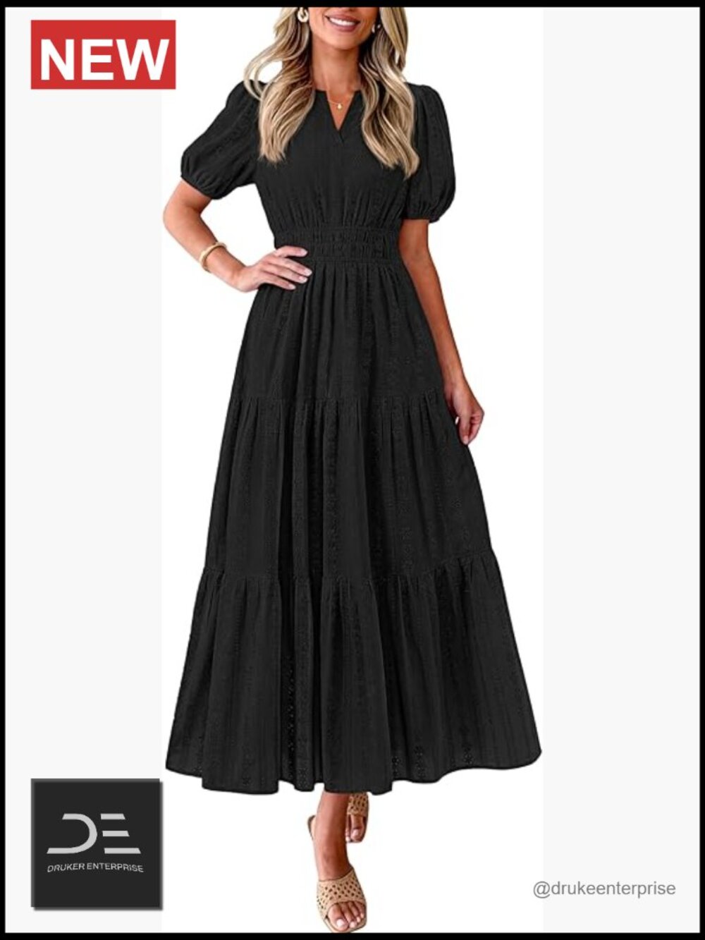 Puff Sleeve V Neck Smocked Flowy Eyelet Cotton Maxi Dress